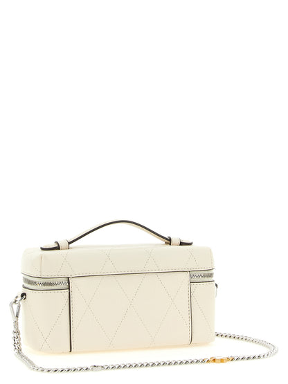 Crossbody Quilted Vanity Handbag by Tory Burch for women in leather cream, silver, white & signature features an multi-faceted design with a secure zipper, ample built-in-compartments & cardholder, and versatile crossbody-strap, shoulder-strap, handle & detachable-strap for a multi-faceted finish.