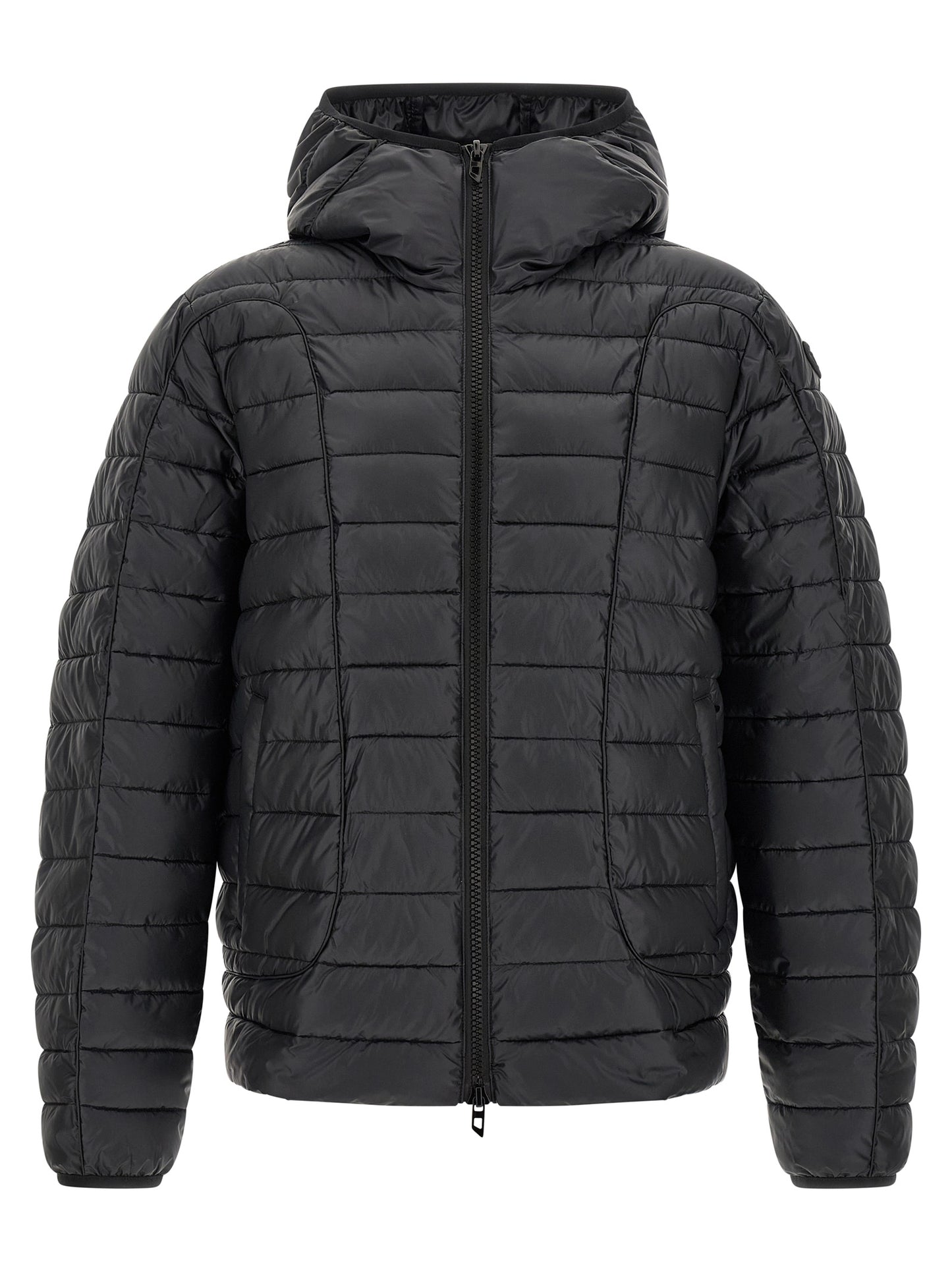 This Hooded Puffer Jacket by Diesel for men in polyester black exhibits a edgy silhouette, meticulously detailed with functional lightweight, hooded & insulated and a edgy hooded neckline for a edgy finish.