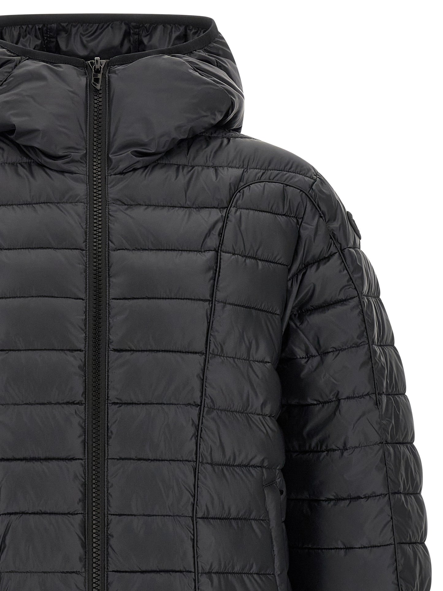 Hooded Puffer Jacket by Diesel for men in polyester black features a dramatic silhouette, showcasing a sophisticated hooded neckline and distinctive lightweight, hooded & insulated for a dramatic aesthetic.