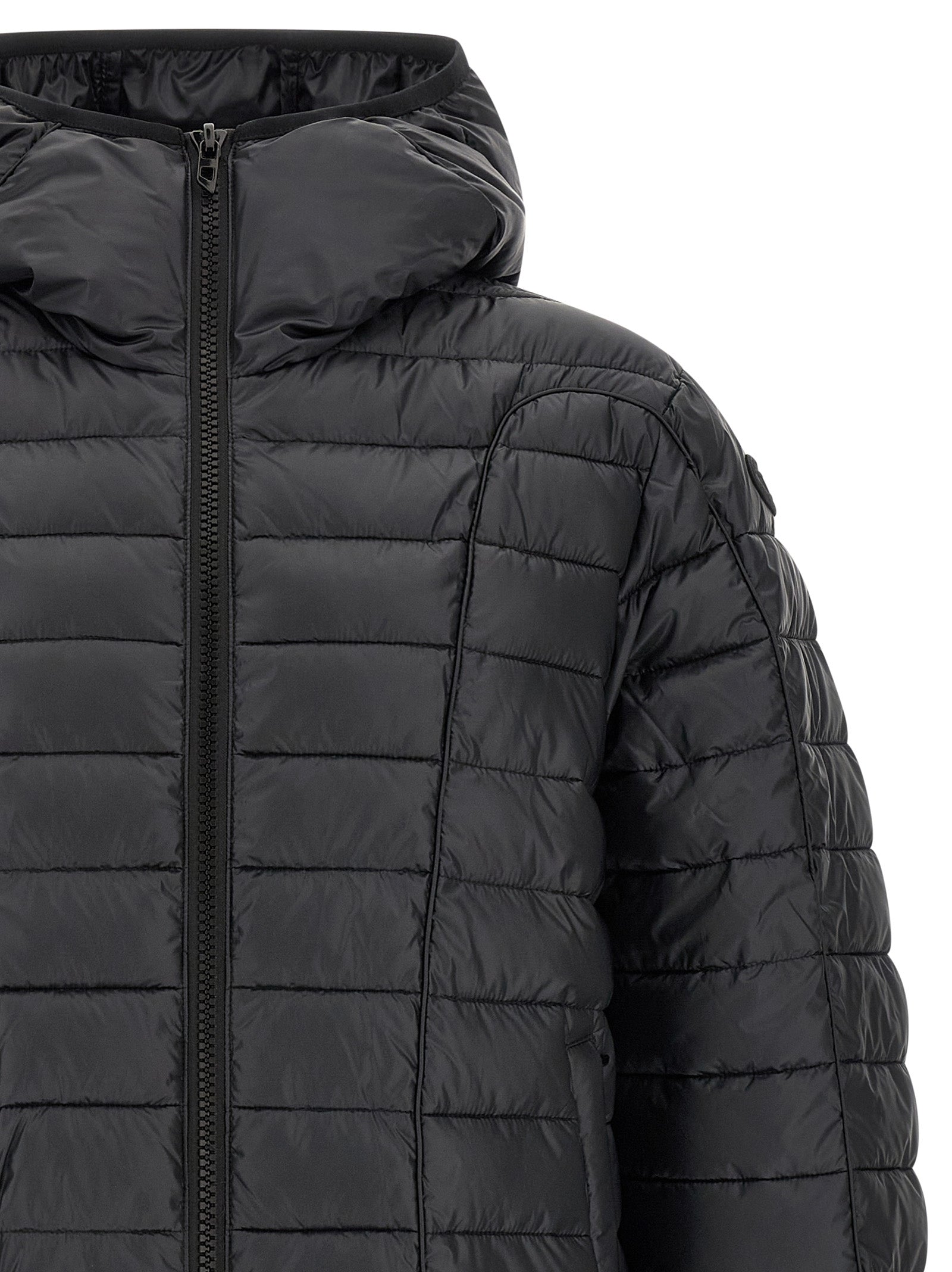 Hooded Puffer Jacket by Diesel for men in polyester black features a dramatic silhouette, showcasing a sophisticated hooded neckline and distinctive lightweight, hooded & insulated for a dramatic aesthetic.