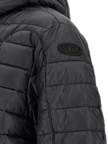 Hooded Puffer Jacket by Diesel for men in polyester black features a dramatic silhouette, showcasing a sophisticated and distinctive lightweight, hooded & insulated for a dramatic aesthetic.
