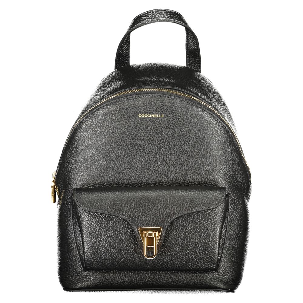 Backpack by Coccinelle for women in leather black & signature showcases an architectural Beat Generation Leather Backpack design, featuring a secure zipper, ample external-pockets & internal-pockets, and architectural shoulder-strap, backpack-strap, adjustable-strap & handle for a sophisticated look.