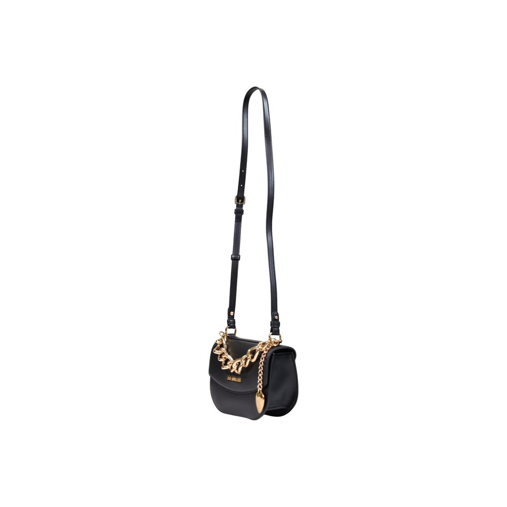Medium Handbag by Love Moschino for women in polyester & polyurethane black & gold features a ornamental silhouette, showcasing a secure , ample , and ornamental shoulder-strap & adjustable-strap for a sophisticated look.
