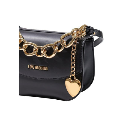 Medium Handbag by Love Moschino for women in polyester & polyurethane black & gold features a signature silhouette, showcasing a secure and signature with versatile shoulder-strap & adjustable-strap for a sophisticated look.