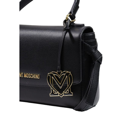 Medium Crossbody Flap Handbag by Love Moschino for women in polyethylene & polyurethane black, gold & signature features a signature silhouette, showcasing a secure flap and signature with versatile crossbody-strap, shoulder-strap, handle & adjustable-strap for a sophisticated look.