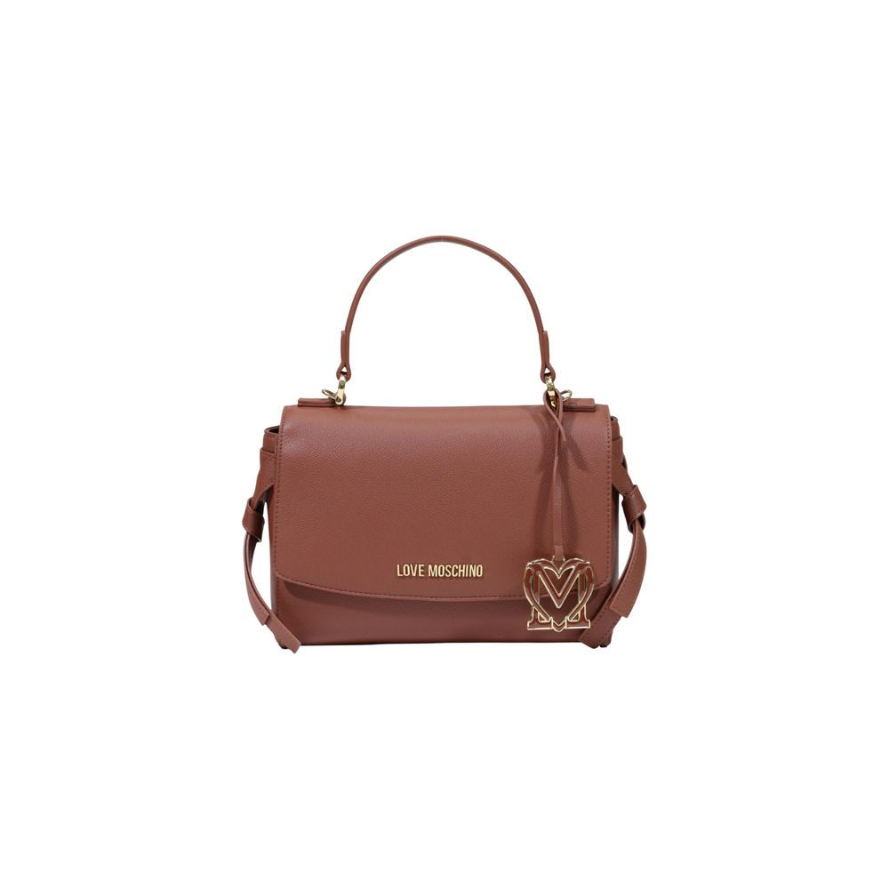 Medium Crossbody Flap Handbag by Love Moschino for women in polyethylene & polyurethane brown, gold & signature features a ornamental silhouette, showcasing a secure flap, ample , and ornamental crossbody-strap, shoulder-strap, handle & adjustable-strap for a sophisticated look.