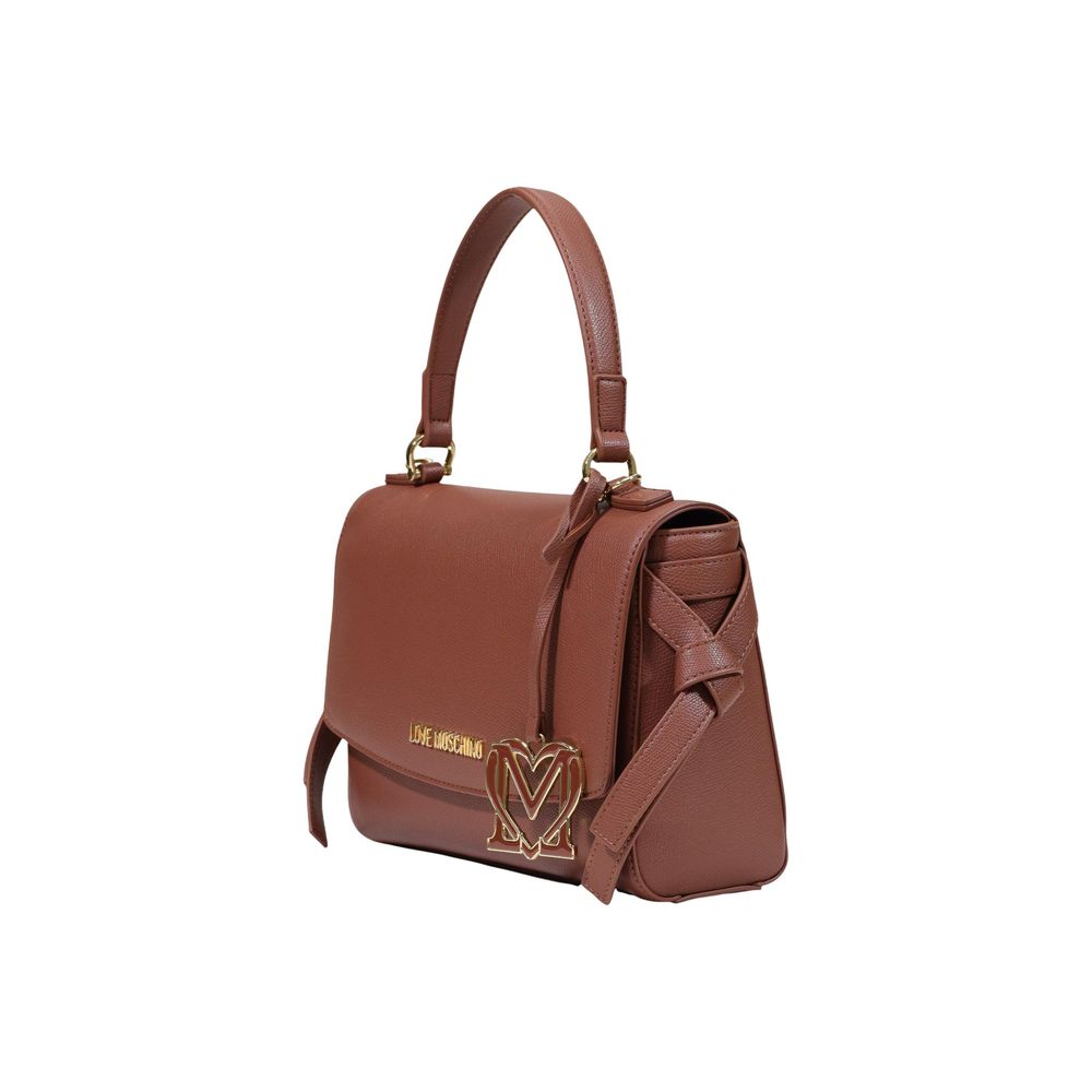 Medium Crossbody Flap Handbag by Love Moschino for women in polyethylene & polyurethane brown, gold & signature features a signature silhouette, showcasing a secure flap and signature with versatile crossbody-strap, shoulder-strap, handle & adjustable-strap for a sophisticated look.
