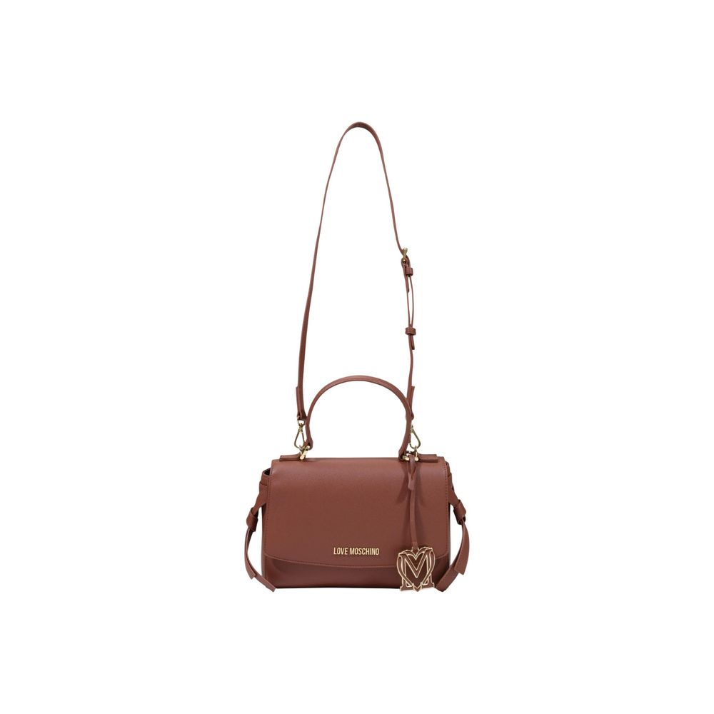 This Medium Crossbody Flap Handbag by Love Moschino for women in polyethylene & polyurethane and brown, gold & signature presents a sculptural silhouette featuring a secure flap, ample , and versatile crossbody-strap, shoulder-strap, handle & adjustable-strap for a sculptural finish.
