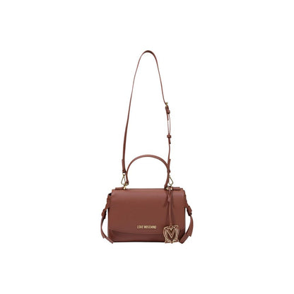 This Medium Crossbody Flap Handbag by Love Moschino for women in polyethylene & polyurethane and brown, gold & signature presents a sculptural silhouette featuring a secure flap, ample , and versatile crossbody-strap, shoulder-strap, handle & adjustable-strap for a sculptural finish.