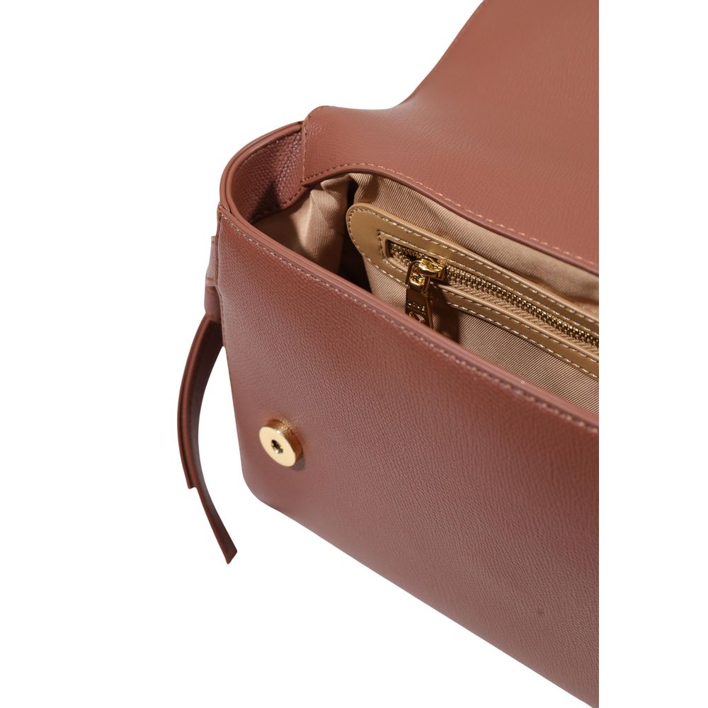Medium Crossbody Flap Handbag by Love Moschino for women in polyethylene & polyurethane brown, gold & signature features a ornamental silhouette, showcasing a secure flap, ample , and ornamental crossbody-strap, shoulder-strap, handle & adjustable-strap for a sophisticated look.