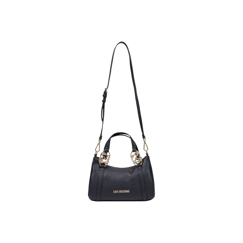 Small Evening Handbag by Love Moschino for women in pebbled poly leather black & gold features a signature silhouette, showcasing a secure zipper and signature with versatile handle for a sophisticated look.