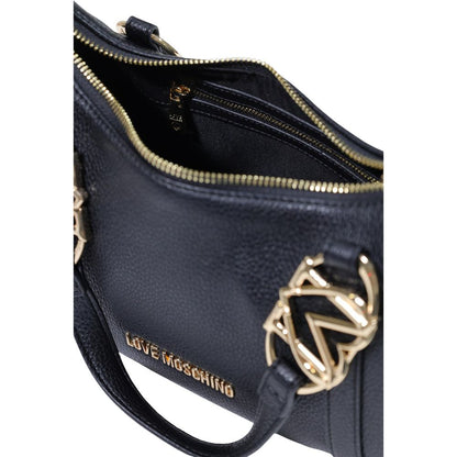 This Small Evening Handbag by Love Moschino for women in pebbled poly leather and black & gold presents a sculptural silhouette featuring a secure zipper, ample , and versatile handle for a sculptural finish.