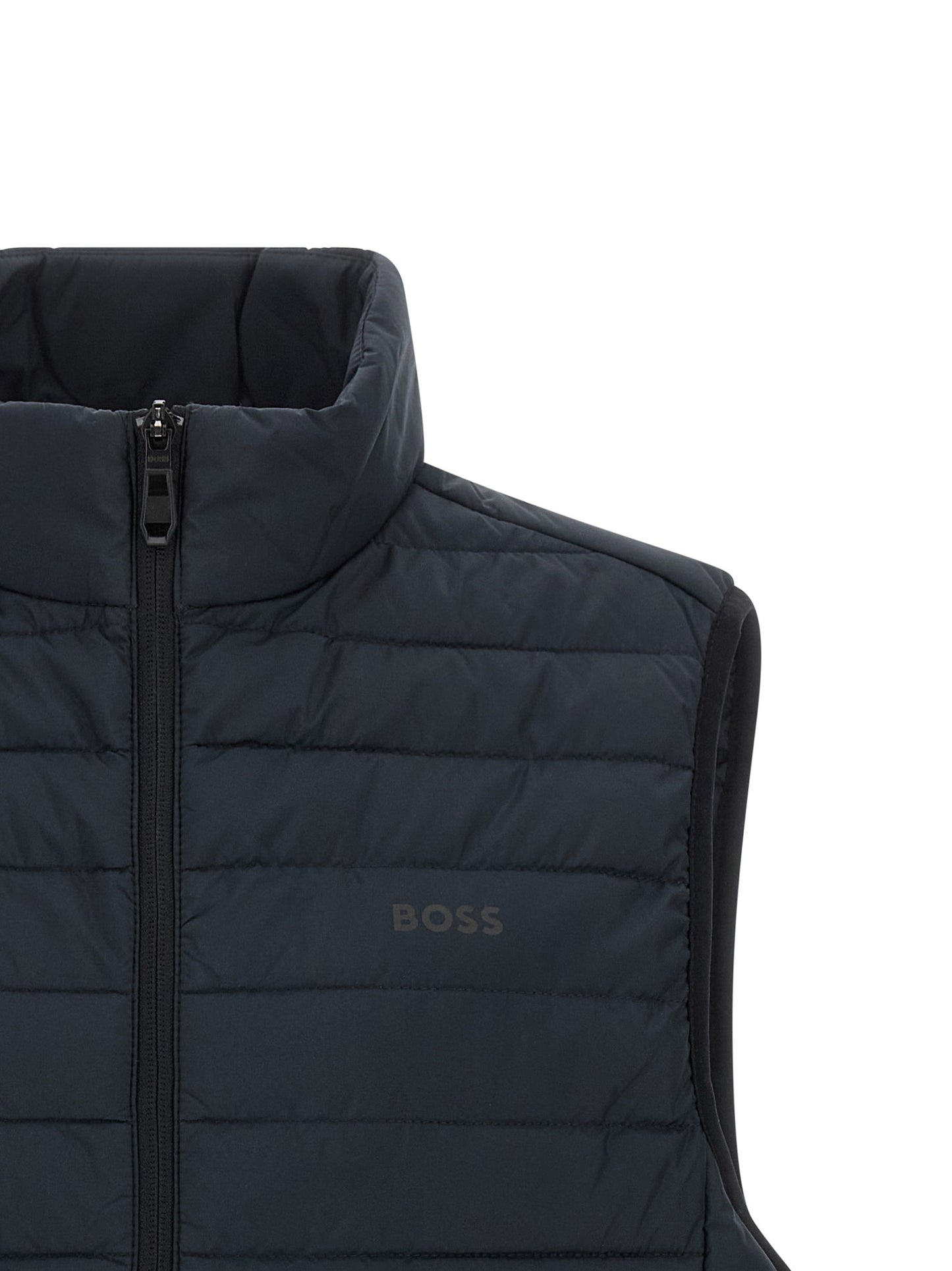 Vest by Hugo Boss for men in polyester navy showcases a utilitarian silhouette, artfully incorporating pockets and a utilitarian for a truly utilitarian finish.