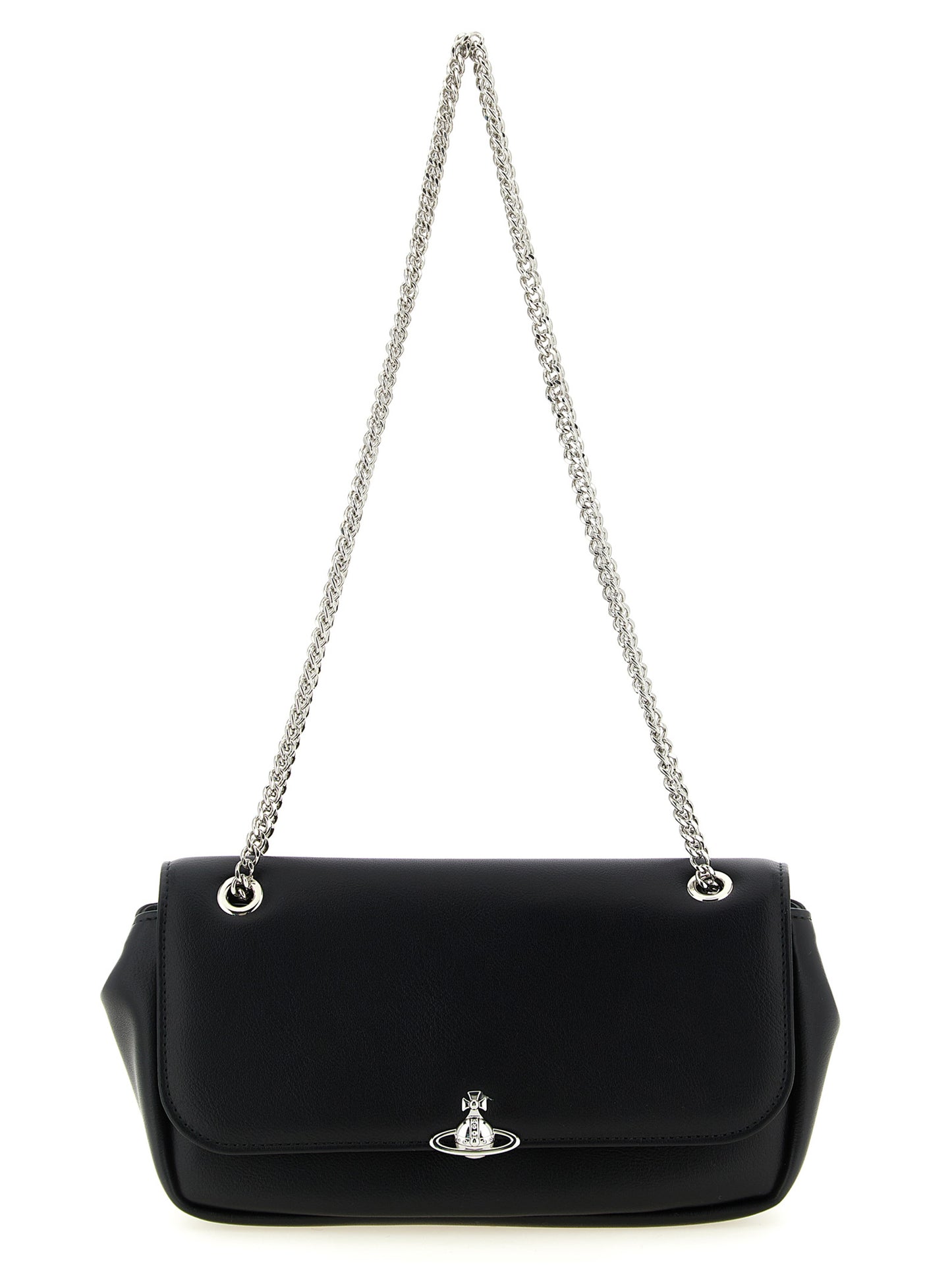 Crossbody Flap Handbag by Vivienne Westwood for women in polyester black & silver features a versatile chic silhouette, meticulously detailed with a secure flap & magnetic, ample , and versatile crossbody-strap & shoulder-strap.