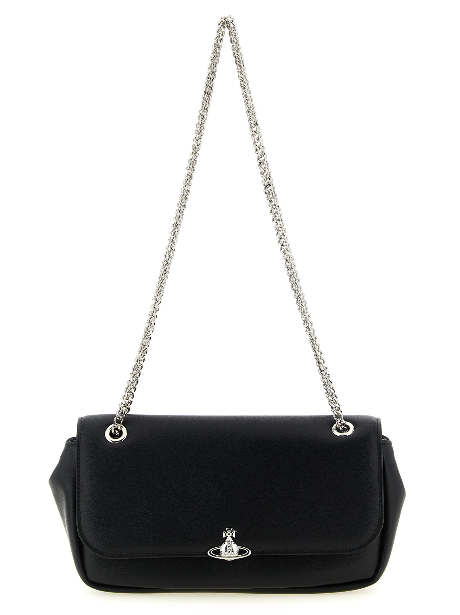 Crossbody Flap Handbag by Vivienne Westwood for women in polyester black & silver features a versatile chic silhouette, meticulously detailed with a secure flap & magnetic, ample , and versatile crossbody-strap & shoulder-strap.