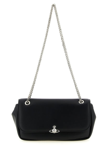 Crossbody Flap Handbag by Vivienne Westwood for women in polyester black & silver features a versatile chic silhouette, meticulously detailed with a secure flap & magnetic, ample , and versatile crossbody-strap & shoulder-strap.