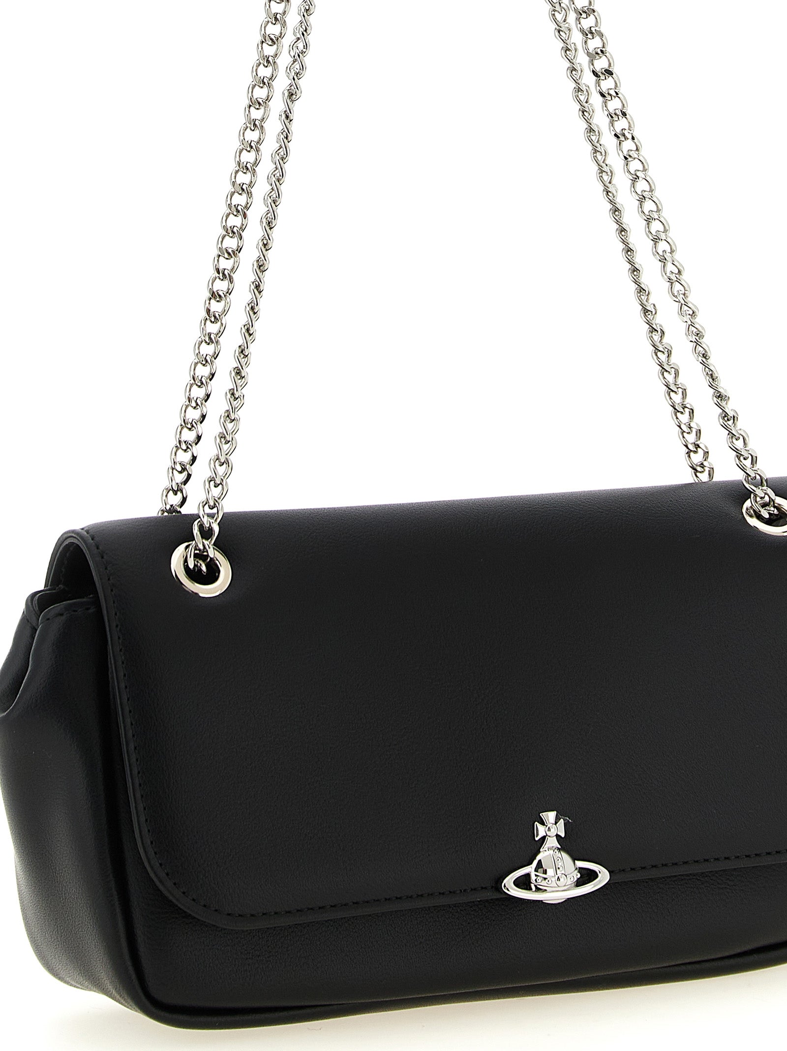 Crossbody Flap Handbag by Vivienne Westwood for women in polyester black & silver features a multifaceted silhouette, showcasing a secure flap & magnetic and multifaceted with versatile crossbody-strap & shoulder-strap for multifaceted style.