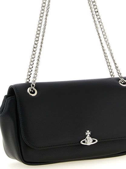 Crossbody Flap Handbag by Vivienne Westwood for women in polyester black & silver features a multifaceted silhouette, showcasing a secure flap & magnetic and multifaceted with versatile crossbody-strap & shoulder-strap for multifaceted style.