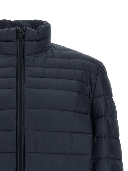 Puffer Jacket by Hugo Boss for men in polyamide navy features a dramatic silhouette, showcasing a sophisticated high-neck neckline and distinctive insulated for a dramatic aesthetic.