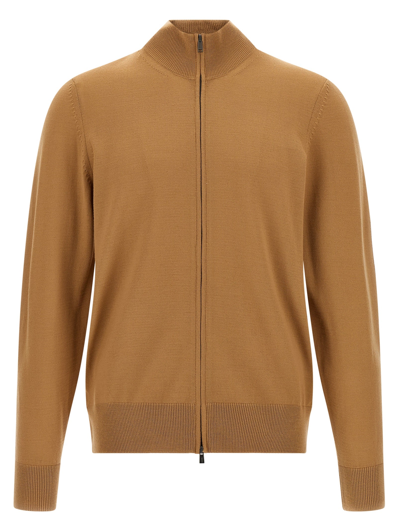 Cardigan by Hugo Boss for men in virgin wool brown features an impeccable silhouette, showcasing a sophisticated high-neck neckline and detail for a truly impeccable finish.