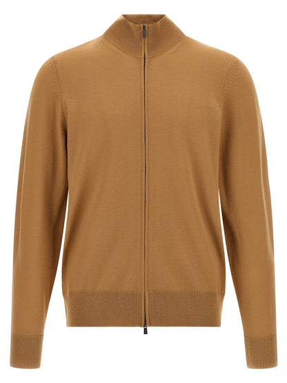Cardigan by Hugo Boss for men in virgin wool brown features an impeccable silhouette, showcasing a sophisticated high-neck neckline and detail for a truly impeccable finish.