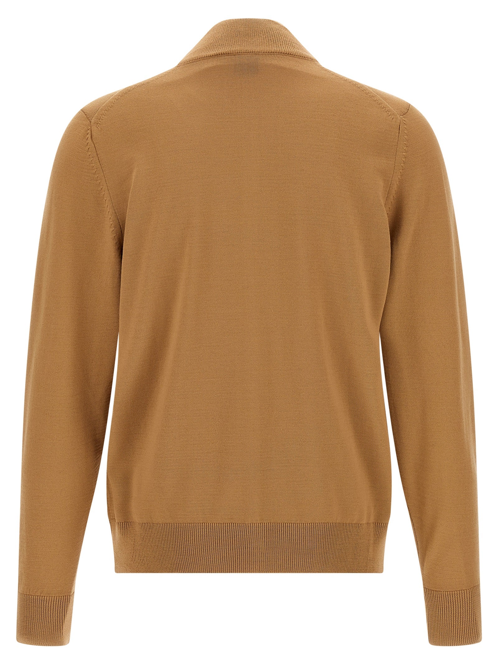 Cardigan by Hugo Boss for men in virgin wool brown presents a textural silhouette, artfully finished with a textural high-neck neckline and for a sophisticated, textural look.