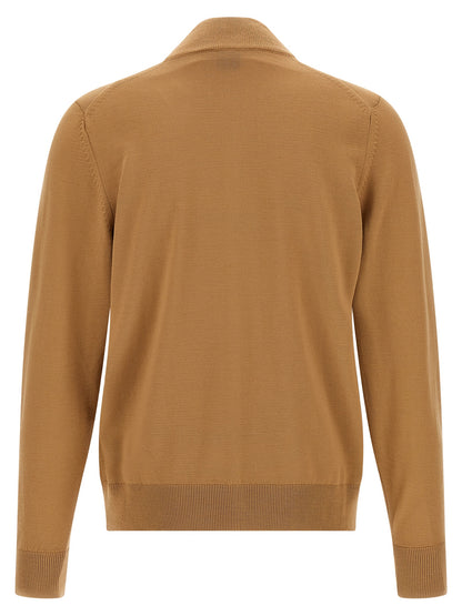 Cardigan by Hugo Boss for men in virgin wool brown presents a textural silhouette, artfully finished with a textural high-neck neckline and for a sophisticated, textural look.