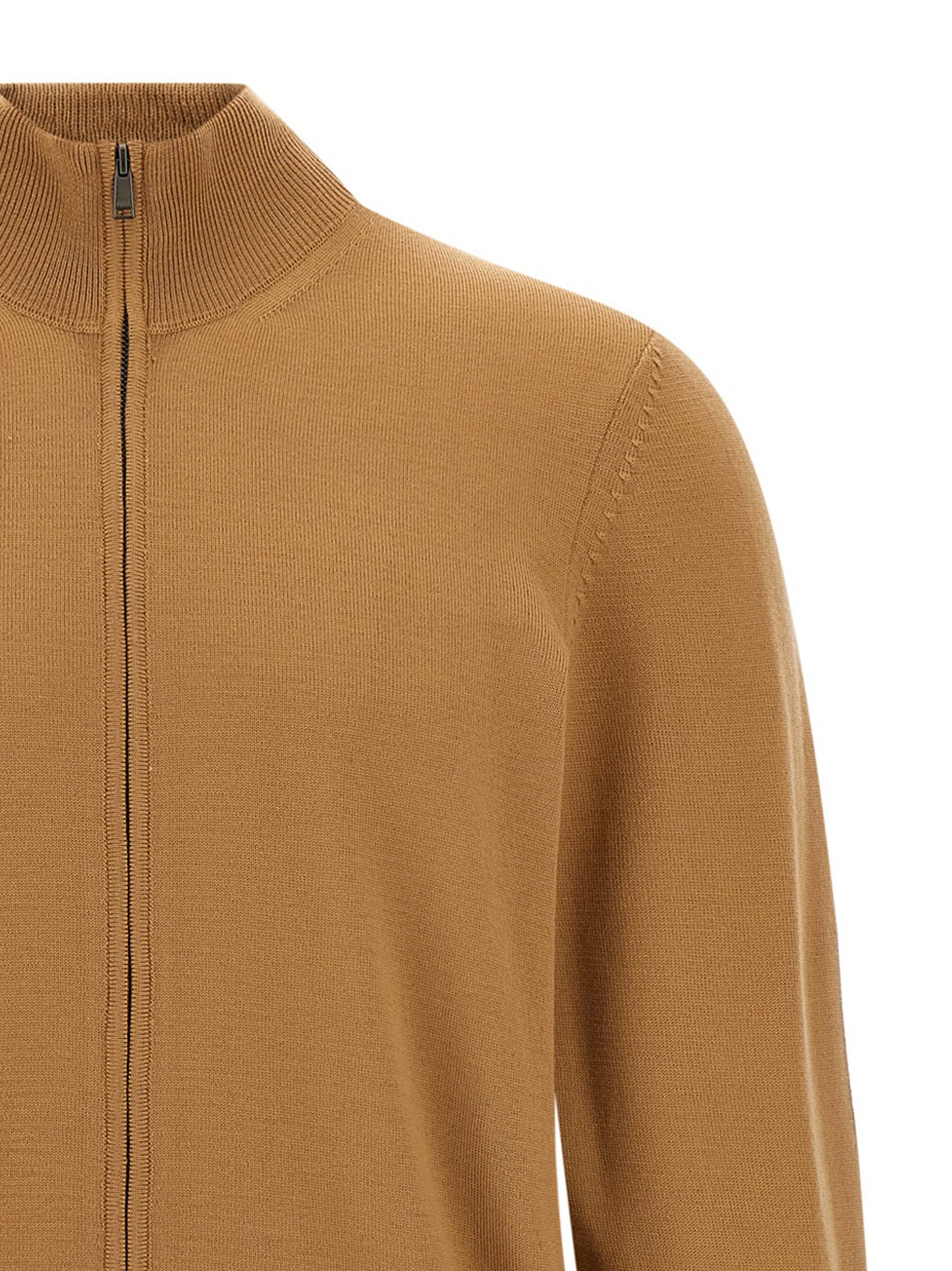 Cardigan by Hugo Boss for men in virgin wool brown features an crisp silhouette, showcasing a sophisticated high-neck neckline and detail for a truly crisp finish.