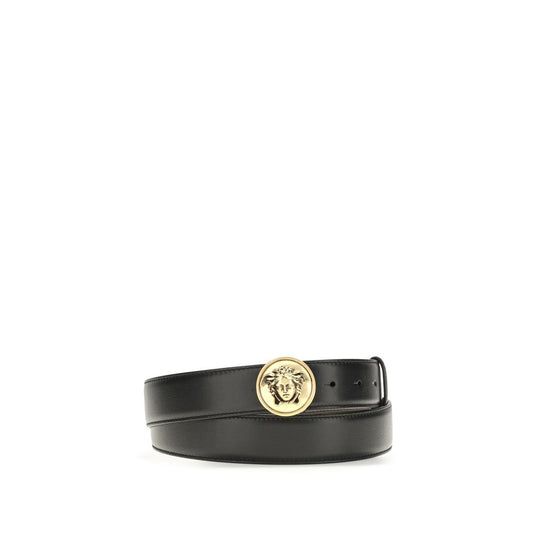 Belt by Versace for men in bos taurus calfskin leather black features a bohemian chic silhouette, showcasing the bohemian chic Medusa Bos Taurus Calfskin Leather Belt design with a sophisticated bohemian chic finish.