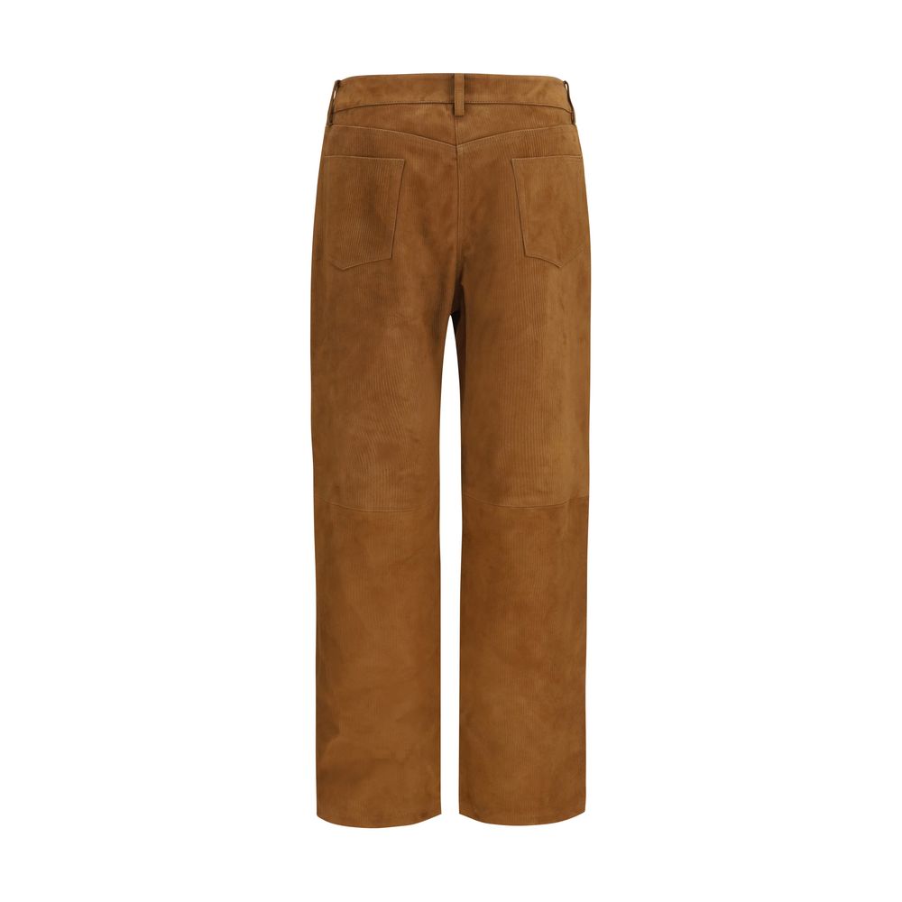 Pants by Magda Butrym for women in lambskin leather & corduroy brown features a stylish silhouette with a stylish straight-leg & regular-fit, long, and high rise.