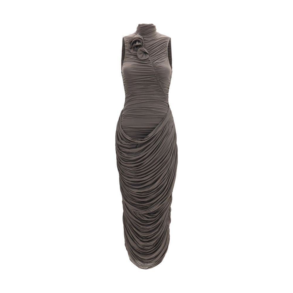 Dress by Magda Butrym for women in stretch cupro copper, gray & floral features a dramatic silhouette, showcasing an elegant and sleeveless that flows into a dramatic midi.