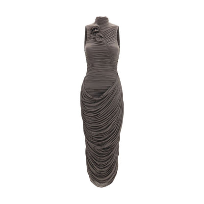 Dress by Magda Butrym for women in stretch cupro copper, gray & floral features a dramatic silhouette, showcasing an elegant and sleeveless that flows into a dramatic midi.