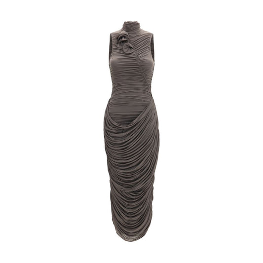 Dress by Magda Butrym for women in stretch cupro copper, gray & floral features a dramatic silhouette, showcasing an elegant and sleeveless that flows into a dramatic midi.