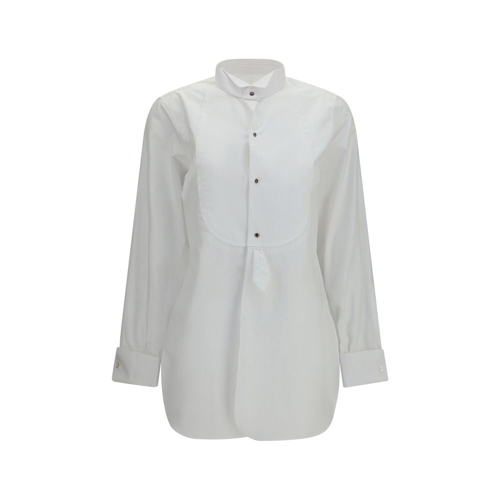 Dress Shirt by Maison Margiela for women in cotton white showcases a sharp silhouette, elegantly detailed with a sharp band-collar neckline and sharp long-sleeve.