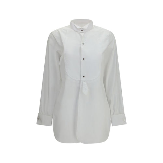 Dress Shirt by Maison Margiela for women in cotton white showcases a sharp silhouette, elegantly detailed with a sharp band-collar neckline and sharp long-sleeve.
