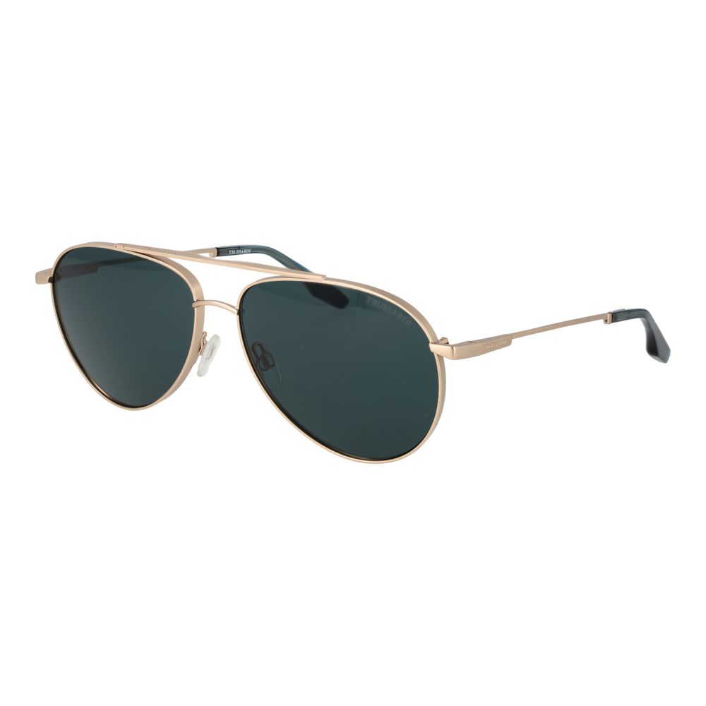 This Sunglasses by Trussardi for men in stainless steel gold presents a sumptuous silhouette, showcasing a sumptuous aviator full-rim frame design in gold coloured frame and high-performance non-polarized category-3-dark-tint lens.
