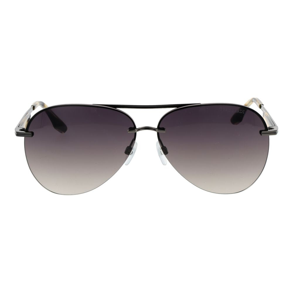 Sunglasses by Trussardi for men in metal gray features an ethereal aviator rimless frame design with gunmetal coloured frame frames and gradient category-3-dark-tint lens for a ethereal finish.