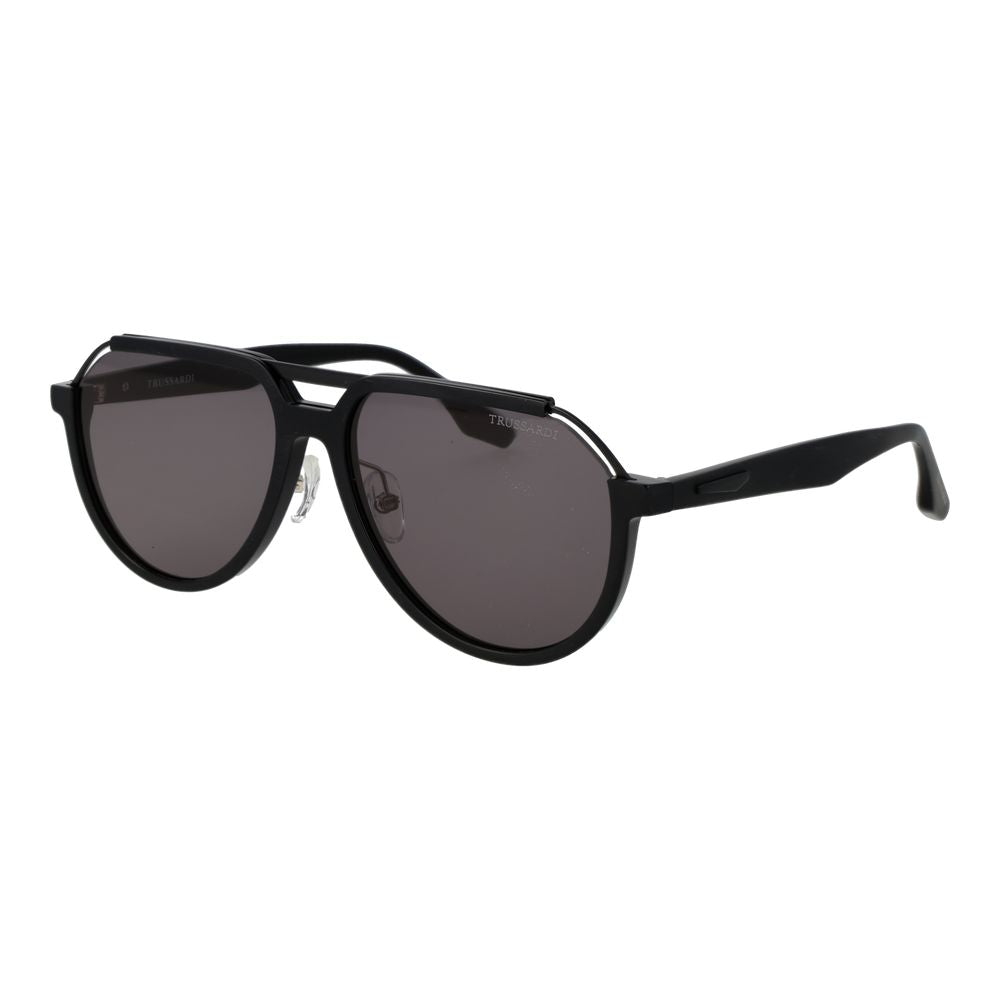 Sunglasses by Trussardi for men in acetate black features an lustrous aviator full-rim frame design with black coloured frame detailing and non-polarized category-3-dark-tint lens for a lustrous aesthetic.