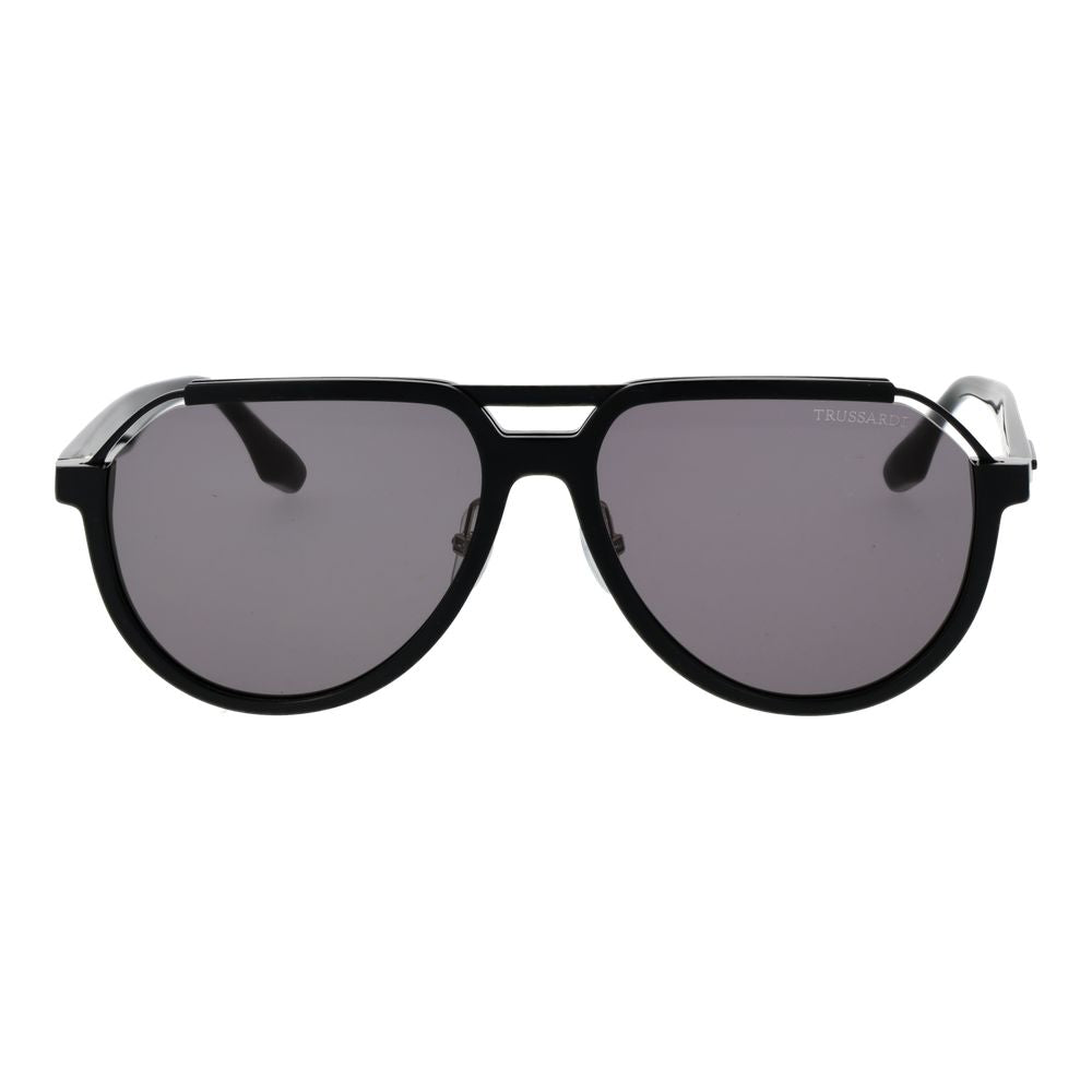 Sunglasses by Trussardi for men in acetate black showcases a ethereal silhouette, featuring black coloured frame aviator full-rim frame design with non-polarized category-3-dark-tint lens for a ethereal finish.