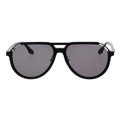Sunglasses by Trussardi for men in acetate black showcases a ethereal silhouette, featuring black coloured frame aviator full-rim frame design with non-polarized category-3-dark-tint lens for a ethereal finish.