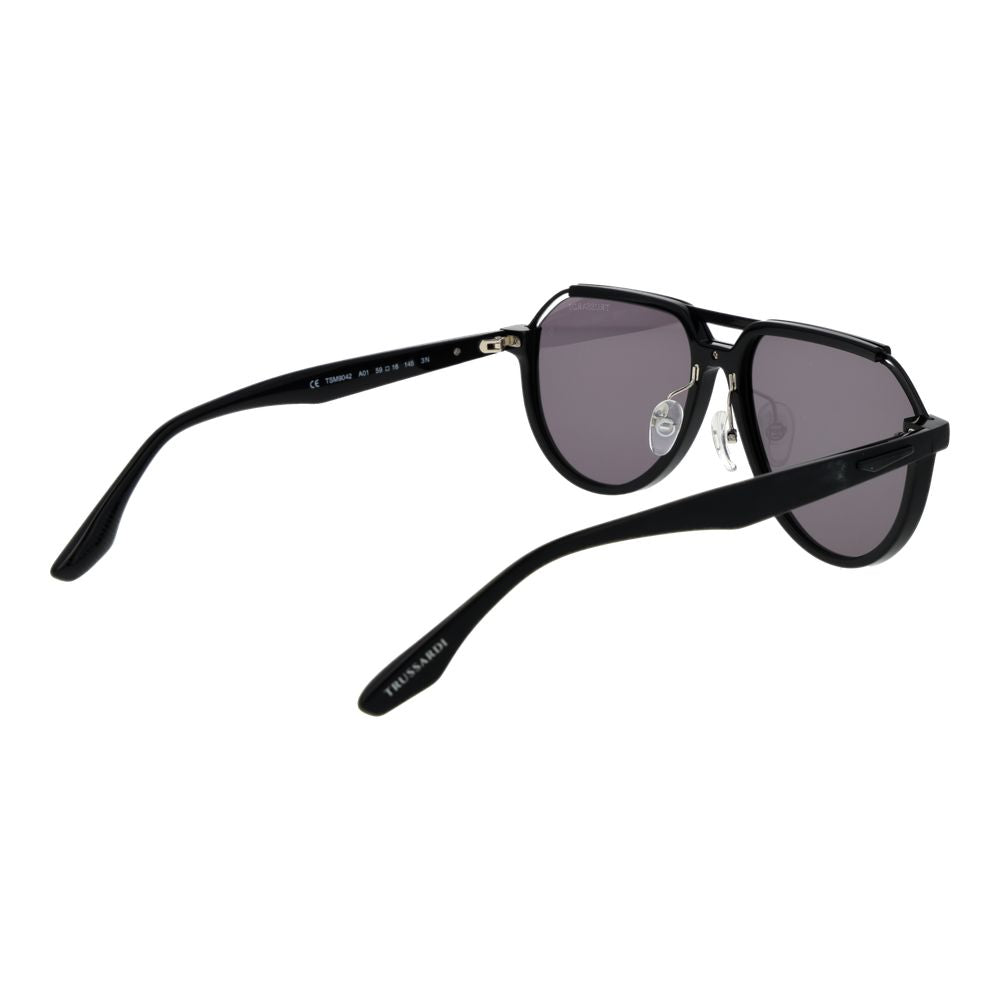 Sunglasses by Trussardi for men in acetate and black presents a sumptuous silhouette, featuring black coloured frame and aviator full-rim frame design with non-polarized category-3-dark-tint lens for a sumptuous look.