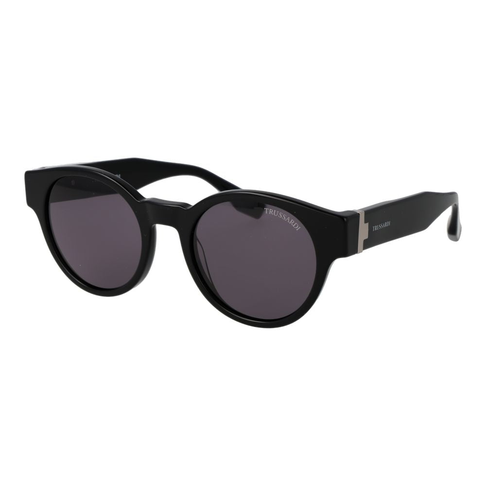 Sunglasses by Trussardi for men in acetate and black featuring an opulent full-rim round frame design with a sophisticated black coloured frame finish and high-performance non-polarized category-3-dark-tint lens.