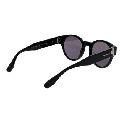 This Sunglasses by Trussardi for men in acetate black presents a sumptuous silhouette, showcasing a sumptuous full-rim round frame design in black coloured frame and high-performance non-polarized category-3-dark-tint lens.