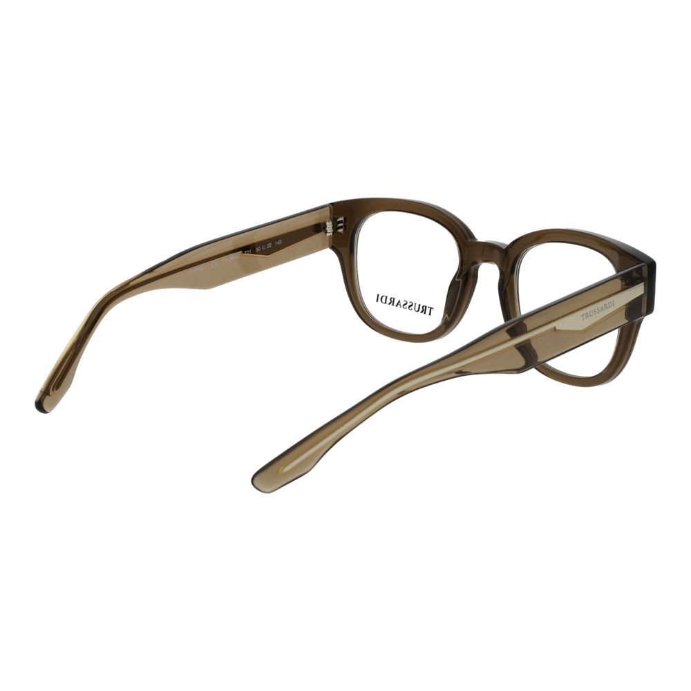 Eyeglasses Frames by Trussardi for unisex in acetate green showcases a reflective silhouette, artfully incorporating a sophisticated olive coloured frame with a distinct full-frame frame design.