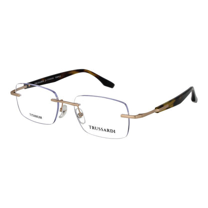 Eyeglasses Frames by Trussardi for men in stainless steel and gold showcases a refined silhouette, detailed with a gold coloured frame finish and a sophisticated rimless frame design.