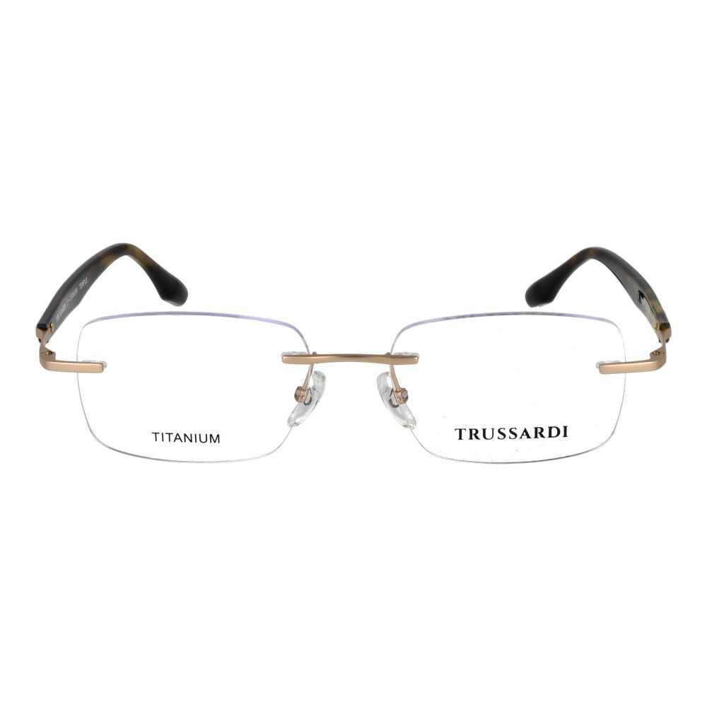 Eyeglasses Frames by Trussardi for men in stainless steel gold showcases a reflective silhouette, artfully incorporating a sophisticated gold coloured frame with a distinct rimless frame design.