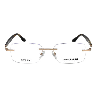 Eyeglasses Frames by Trussardi for men in stainless steel gold showcases a reflective silhouette, artfully incorporating a sophisticated gold coloured frame with a distinct rimless frame design.