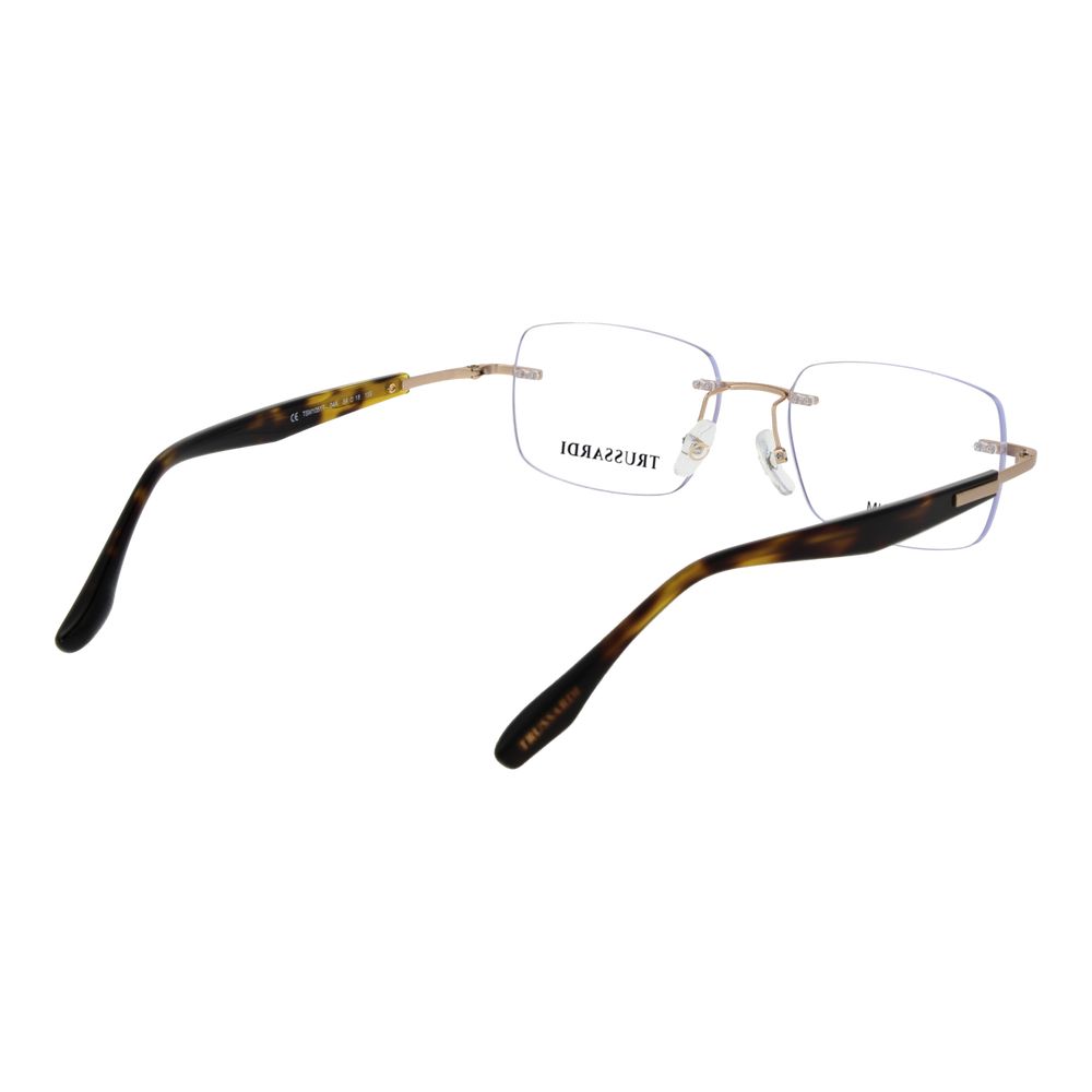 Eyeglasses Frames by Trussardi for men in stainless steel and gold showcases an refined rimless frame design featuring a sophisticated gold coloured frame for an refined and refined aesthetic.