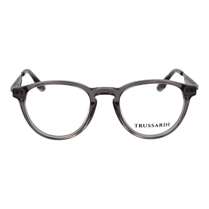 Eyeglasses Frames by Trussardi for men in acetate gray showcases a reflective silhouette, artfully incorporating a sophisticated gray coloured frame with a distinct full-frame frame design.