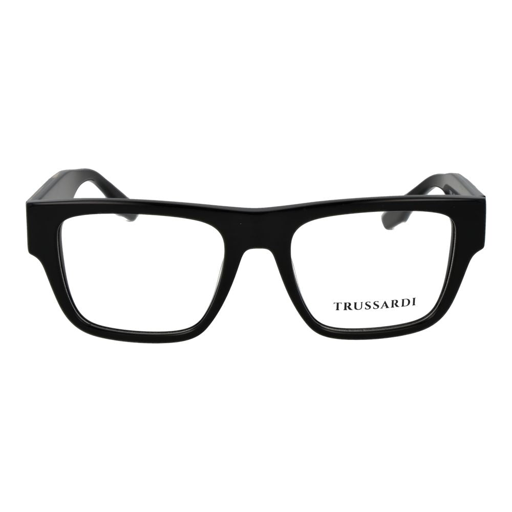 Eyeglasses Frames by Trussardi for unisex in acetate black showcases a reflective silhouette, artfully incorporating a sophisticated black coloured frame with a distinct full-frame frame design.
